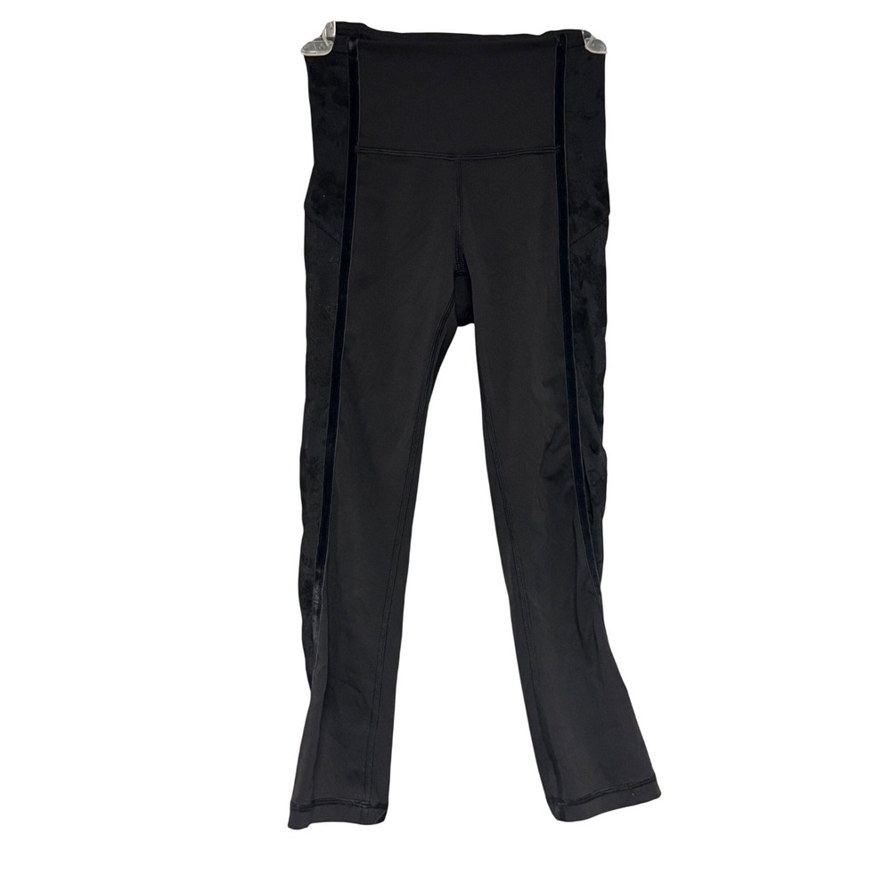 Lululemon Black Velvet Detail Mesh Floral Side Panel Leggings Cropped Size‎ 2